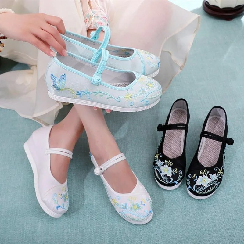 4-CM Inner Height Increase Hanfu Shoes Women Chinese Ancient Ethnic Style Embroidered Shoes