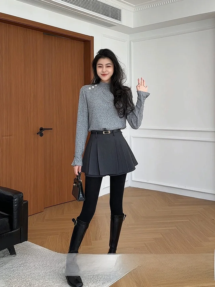 

Зимняя плиссированная юбка А-силуэта с высокой талией Zhang a Xing, однотонная, с высоким воротником, повседневная, из полиэфирного волокна