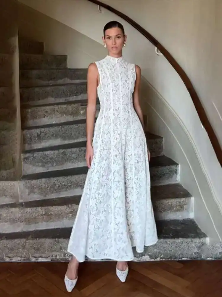 

Women Elegant White Lace Pleated Long Dresses 2025 Spring New High Collar Sleeved Wrapped Waist Dress Fashion Lady Wedding Robes