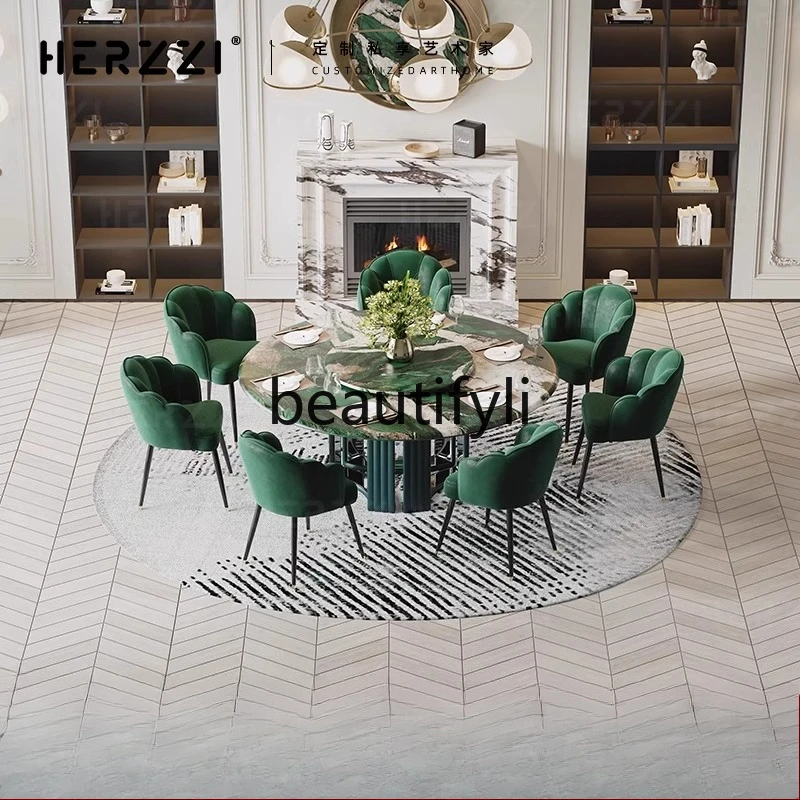 

Natural supercrystalline stone villa light luxury round dining table turntable non-marble commercial large family dining table