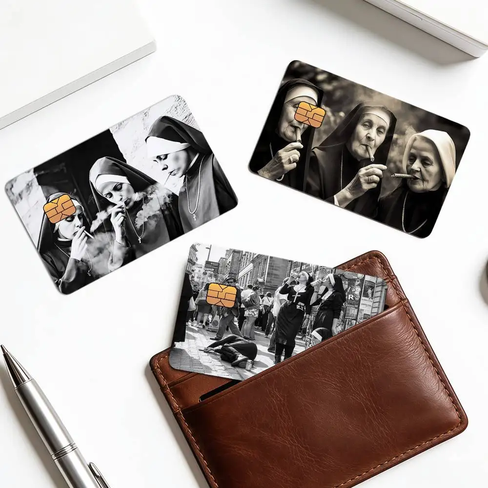 Black Vintage Nuns Enjoying Smoking Credit Card Skin Sticker Cover Decal Wrap Debit Card Stickers Durable Removable