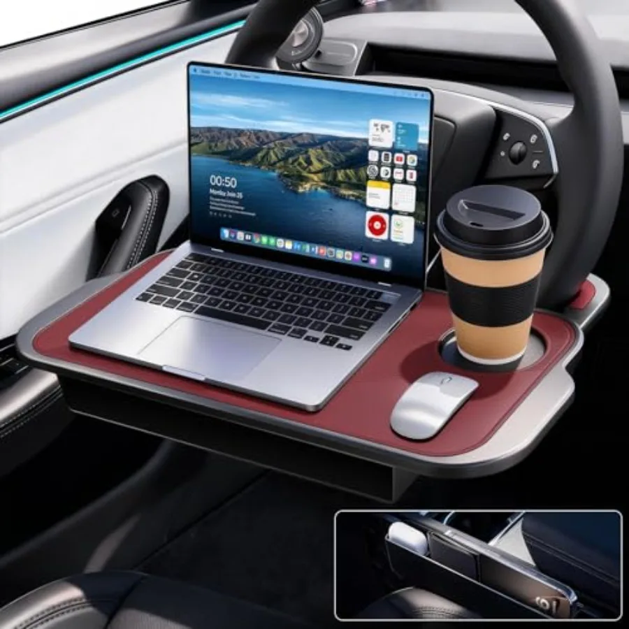 

2-in-1 Car Steering Wheel Desk Tray and Car Seat Gap Filler Organizer Silicone Look Table for Laptop, Eating Food, Writing Work