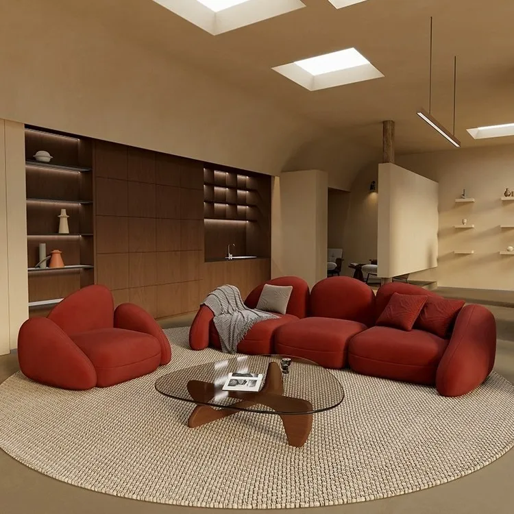 Special-shaped straight-row sofa Burgundy hotel lobby B & B office sitting area sofa chair
