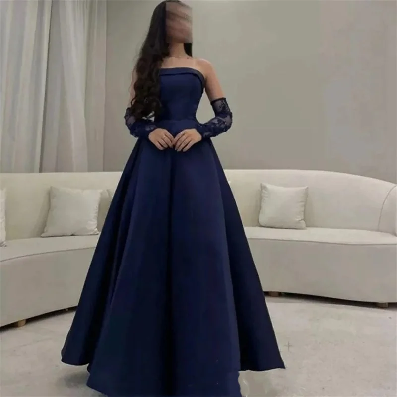 

Off Shoulder Prom Dresses Strapless Satin Evening Dress Detachable Sleeves A Line Party vestidos de fiesta New Arrival Hottest