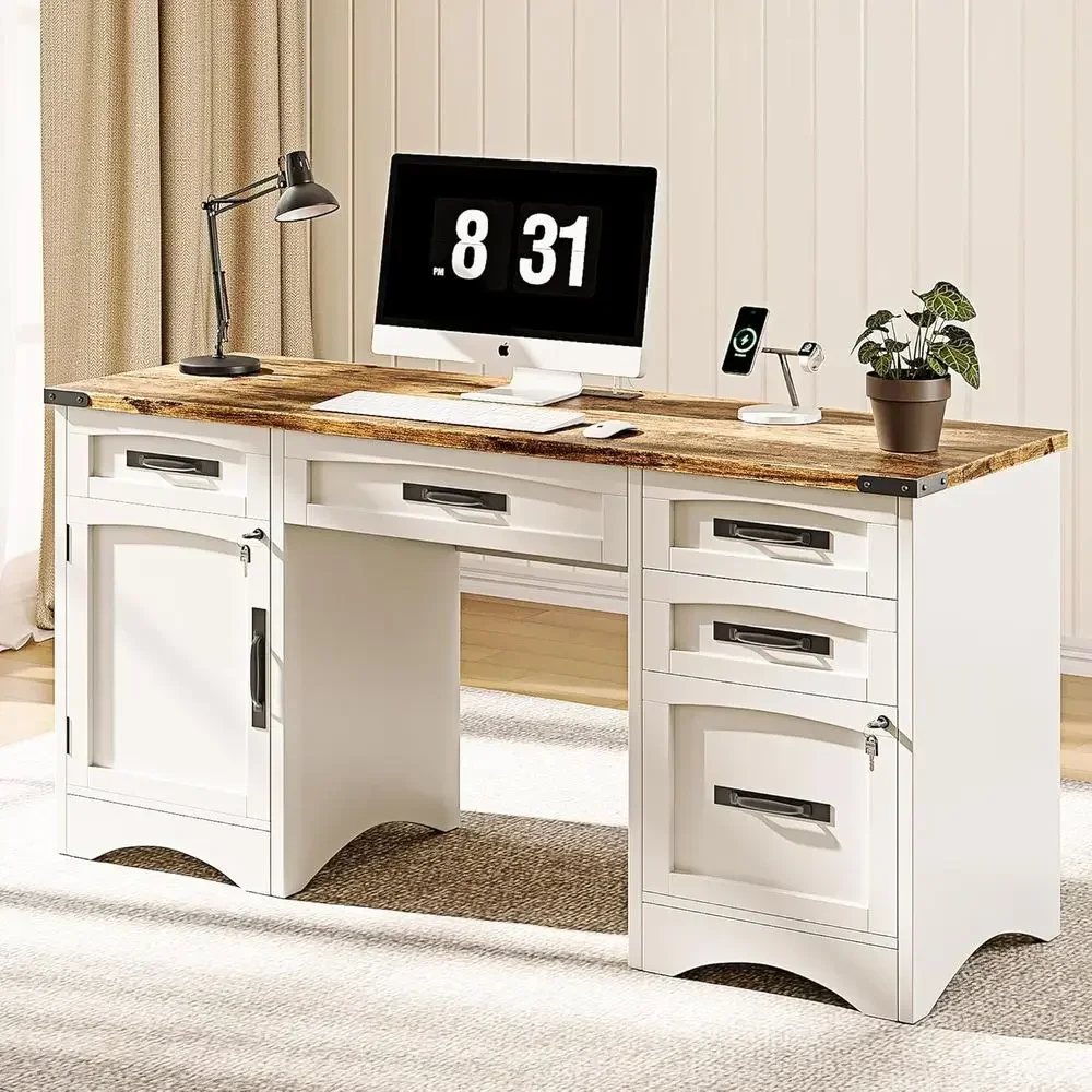 55 Modern Office Desk with Drawers, Wireless Charging, Lockable File Cabinet, White Wood Computer Desk for Home or Work