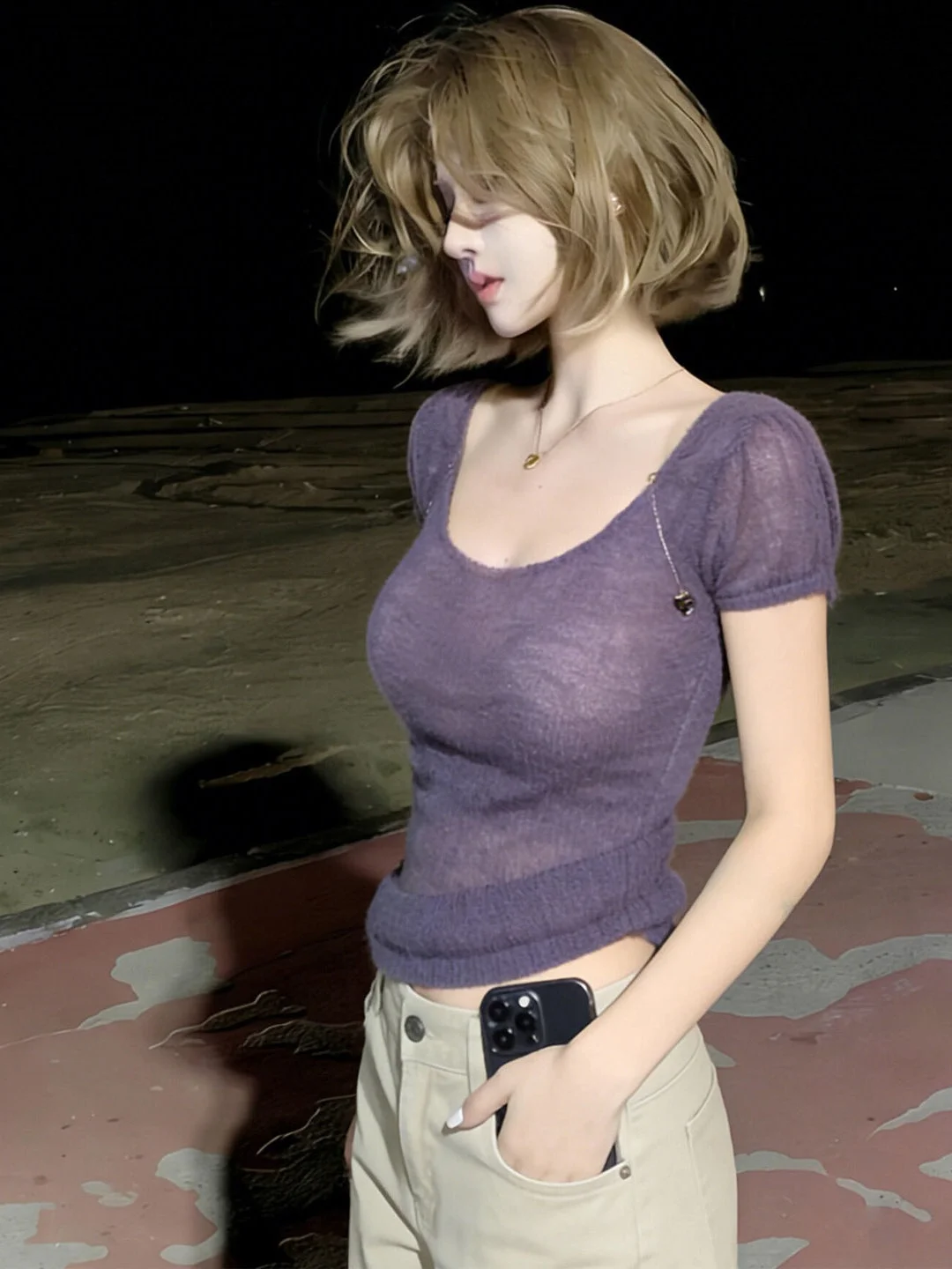 

Slim Fit Ice Silk Knitted Short Sleeve U-Neck T-Shirt Purple Casual Style Women's Summer Top Unique Beautiful Spicy Girl Shirt
