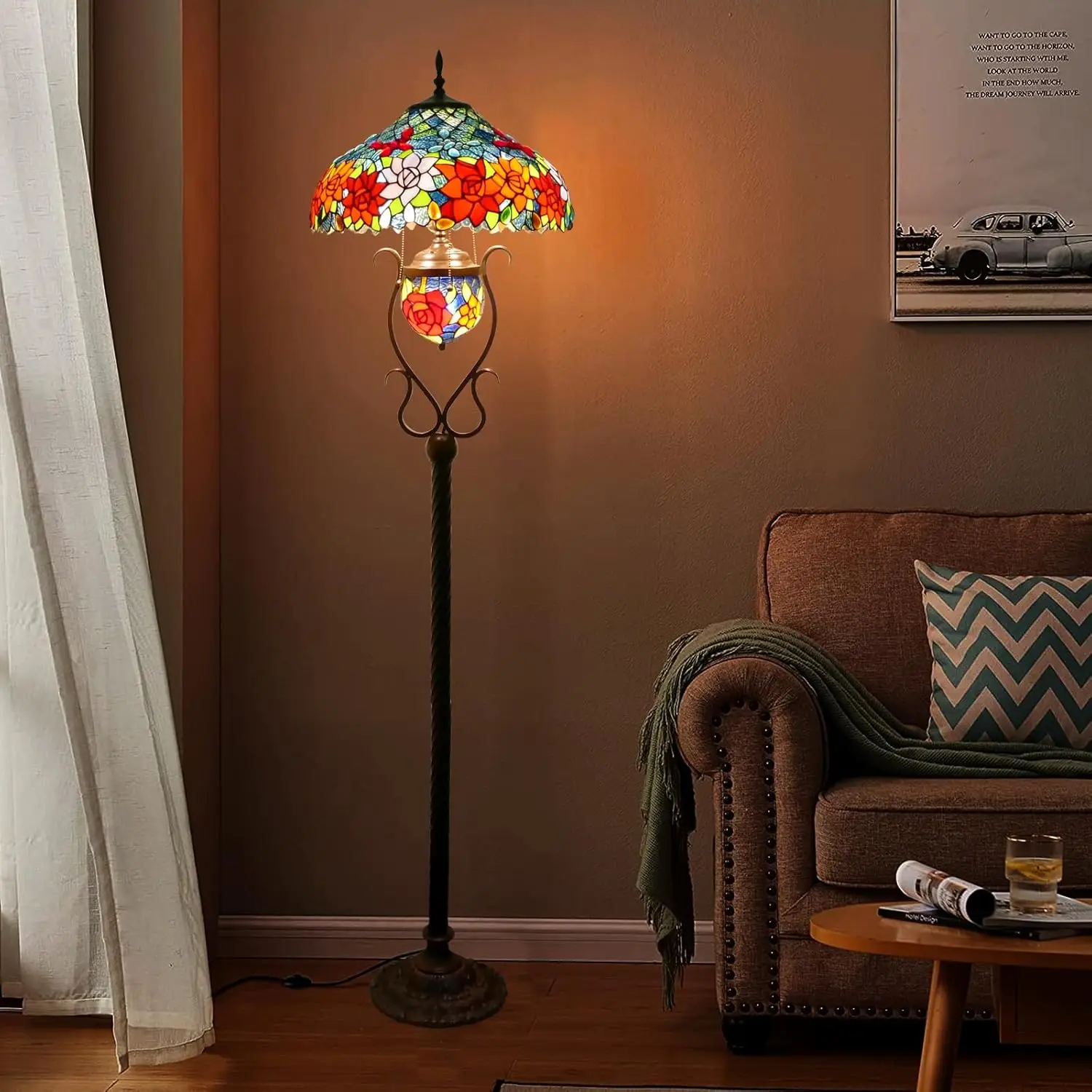 Tiffany Style Large LED Floor Lamp American Retro Style European Modern Living Om Bedroom Country Stained Glass Decoration