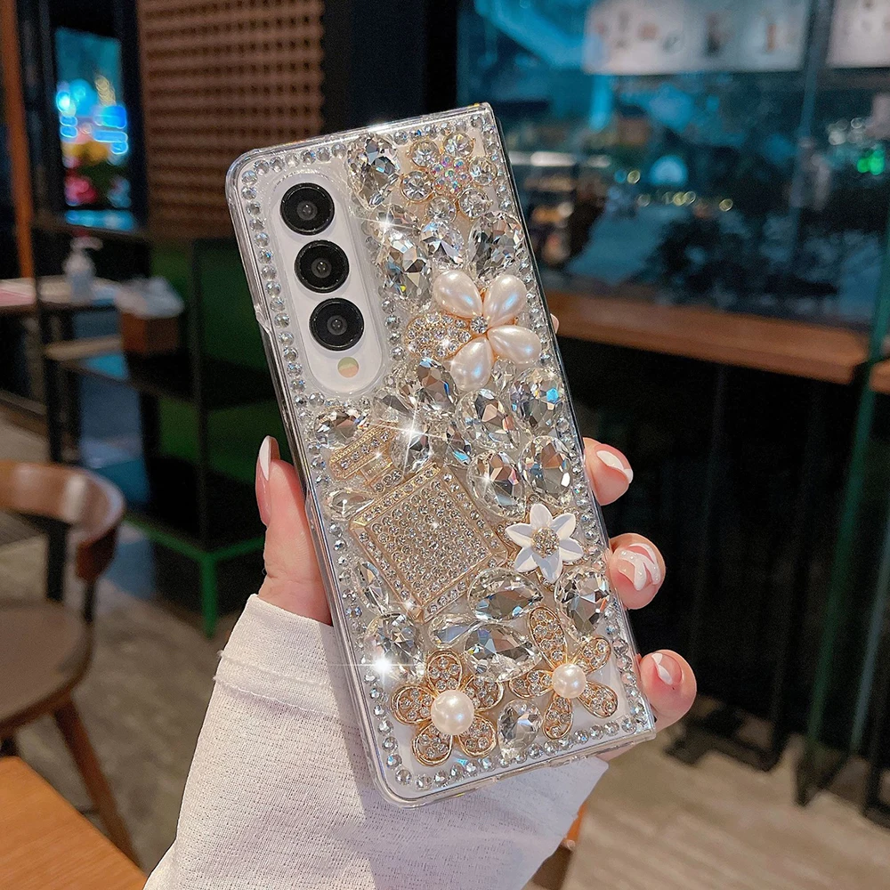 

Luxury Bling Rhinestone Perfume Bottle Phone Cover For Samsung Galaxy Z Fold 7 6 5 4 3 Glitter Crystal Pearl Flowers Clear Case