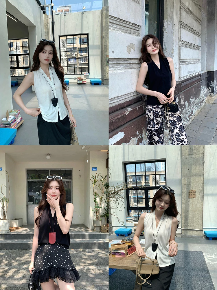 

Женский летний тонкий дышащий универсальный вязаный топ Syeee V-Ne Svel Vest Top