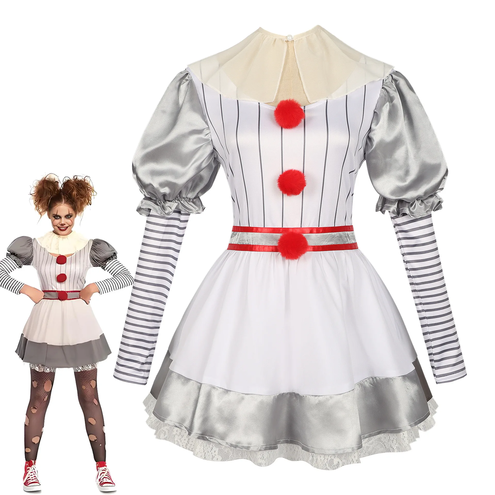 Costume de cosplay de scène d'Halloween, ensemble de jeu de rôle de clown résuscité multi-tailles pour femme, uniforme de jeu