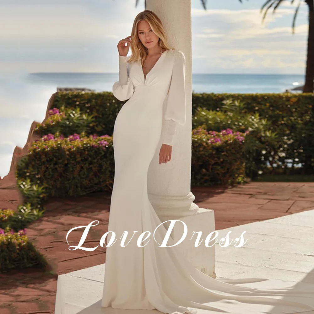 فستان زفاف LoveDress مثير بفتحة رقبة شكل v عميقة حورية البحر وأكمام طويلة وزر فستان Nrode حديث من الألياف اللدنة بدون ظهر مخصص