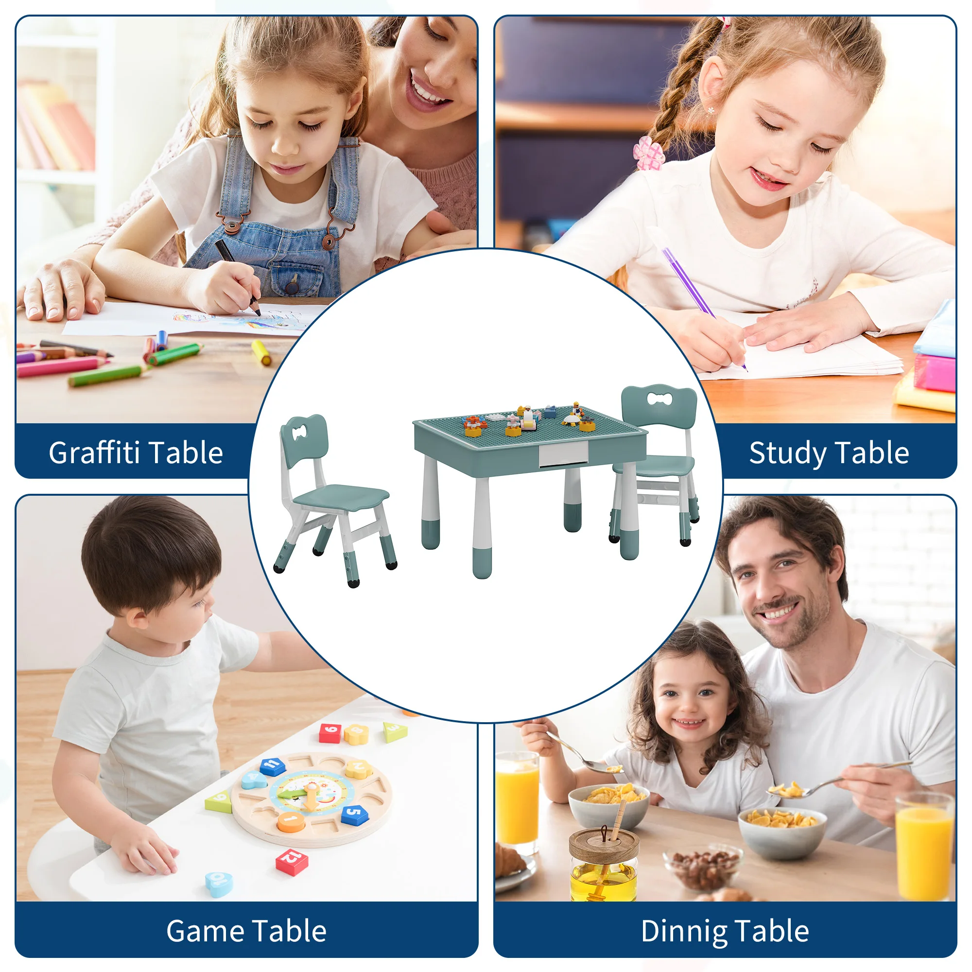4-in-1 Kids Table and Chair Set, Toddler Activity Table with 2 Adjustable Chairs - Reversible Double-Sided Block & Graffiti Top - Study/Play Desk for Ages 3-10 - view 7