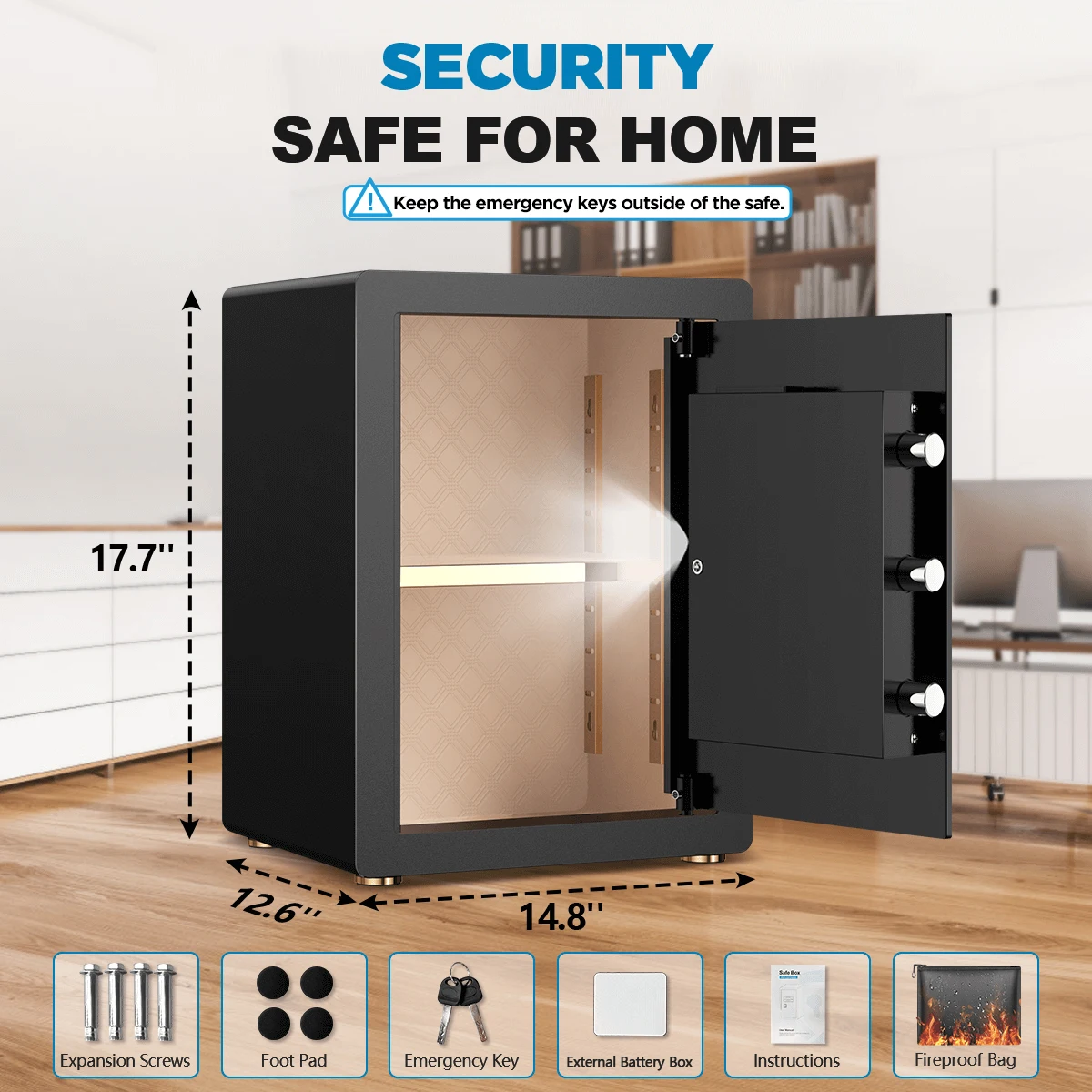 BESAFETY 3.8 Cuft Large Safe Box, Digital Keypad Home Security Safe With Fireproof Bag & Alarm System