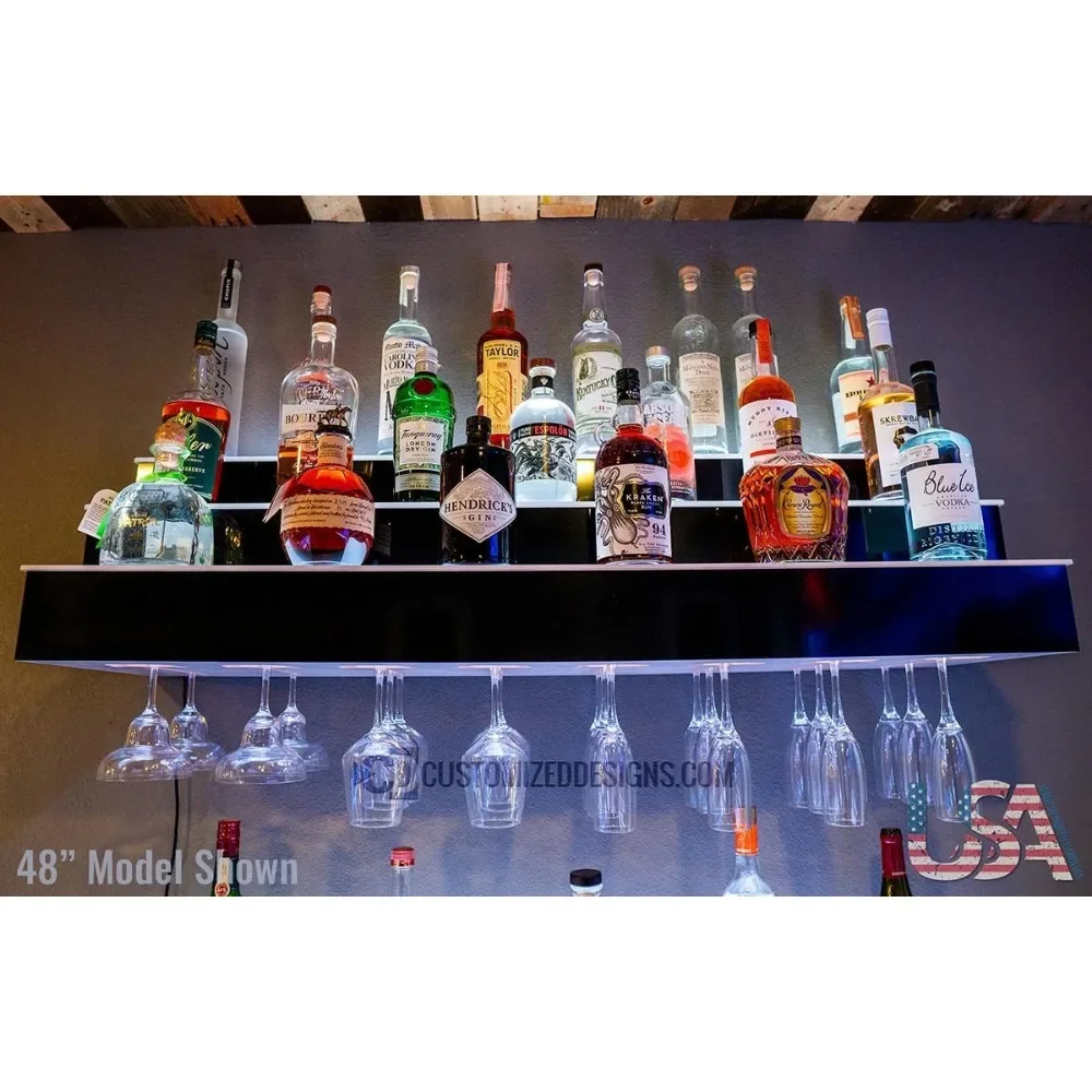 3 Tier Wall Mounted Liquor Bottle Shelving w/Wine Glass Slots & LED Lighting (60)