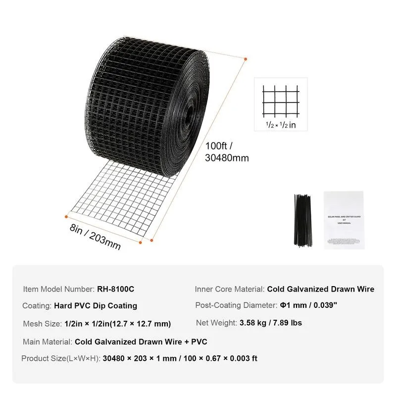 8 inch x 100ft Solar Panel Bird Guard, Critter Guard Roll Kit with Rust-proof PVC Coating, Solar Panel Guard with 50pcs Tire Wires, 1/2 inch Wire Roll Mesh