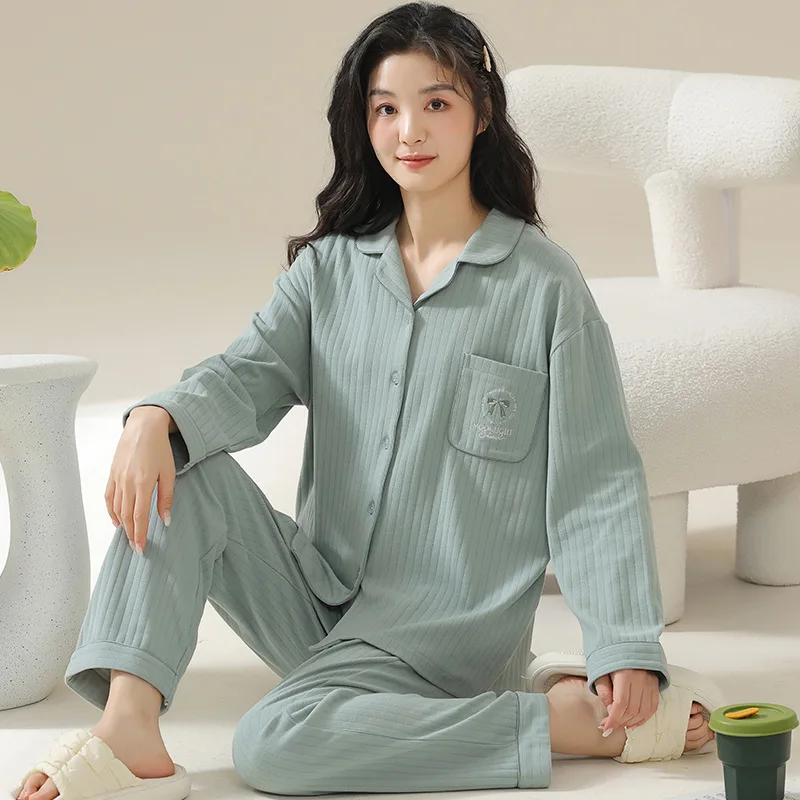 

Cotton Women's Cardigan Pajamas Set Autumn and Spring Long Sleeves Sleepwear Trouser Pijamas Young Girl Female Pjs Pyjamas Mujer