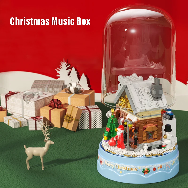 800Pcs คริสต์มาสกล่องดนตรีบล็อกตัวต่อ DIY ประกอบ Snow House อิฐ Santa Claus ของขวัญเด็ก Xmas วันเกิด