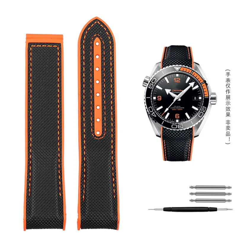 20 21 22mm Curved end Orange Nylon Rubber silicone men waterproof watch strap FOR Omega SEAMASTER 300 Ocean Universe 600 Quarter