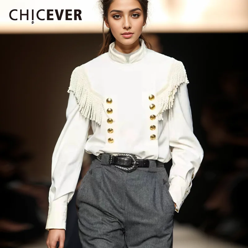 

CHICEVER Solid Patchwork Tassel Shirts For Women Stand Collar Long Sleeve Spliced Button Tunic Formal Vintage Shirt Female New