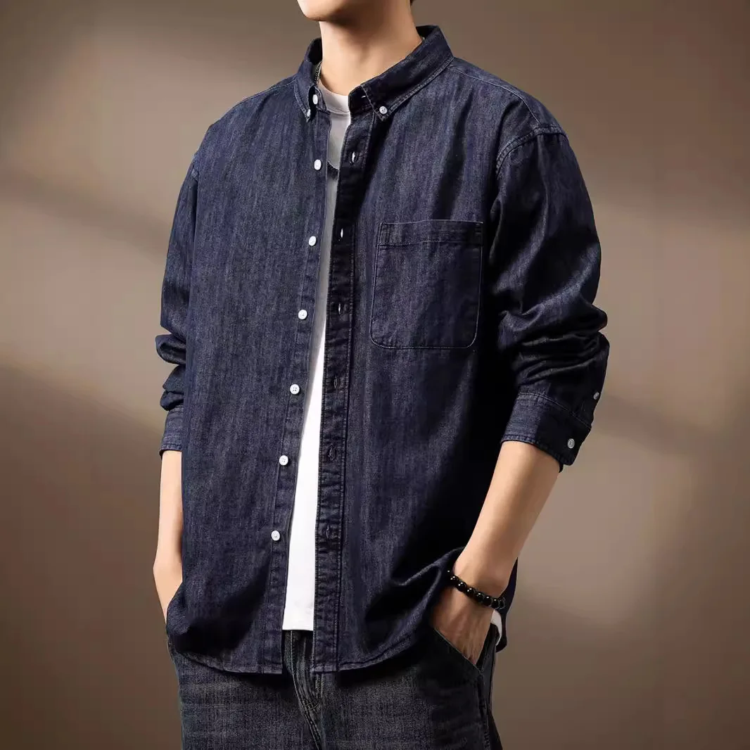 Autumn New Fashion American Style Vintage Men Solid Color Turn-down Collar Long Sleeve Simple Casual Trendy Denim Shirts Tops