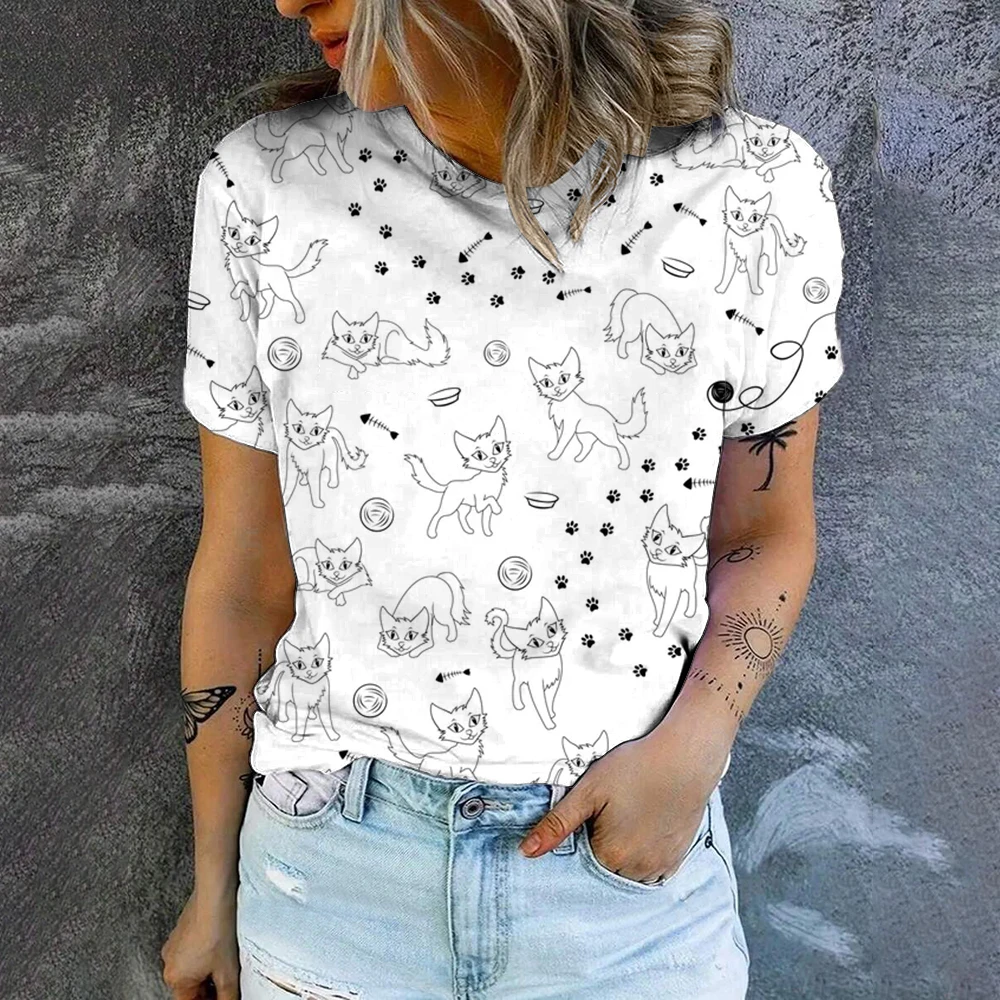 New Summer Casual Daily Short Sleeve Fashion Trend High Quality Women\'s T-shirt Cartoon Cat Print Loose Comfortable Short Sleeve