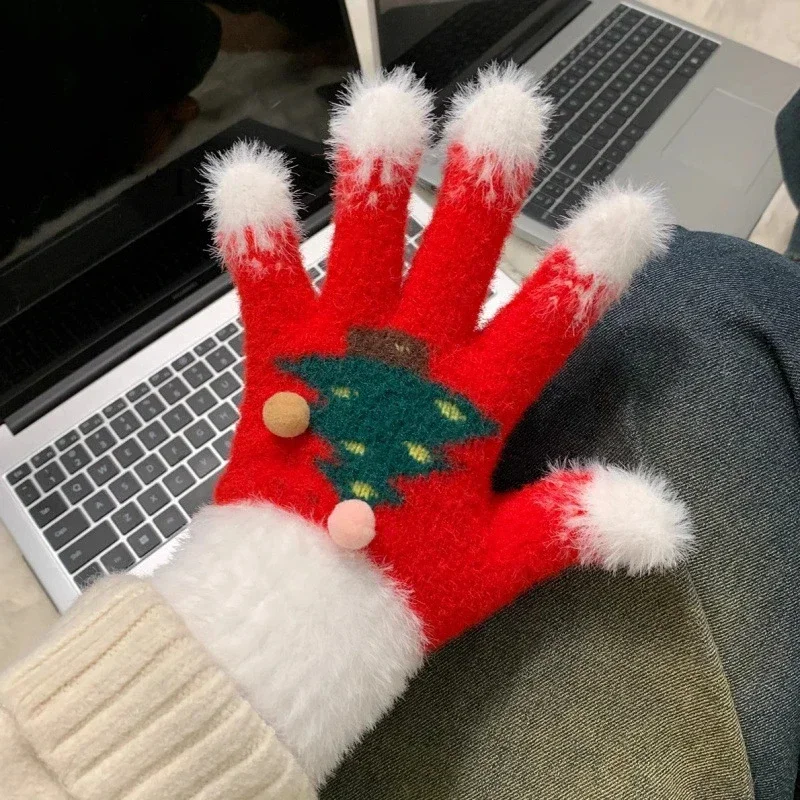 Women's Winter Touch Screen Gloves with Fluffy Fur Lining Snowflake & Christmas Tree Design Bicycle Riding Gloves with Exposed F