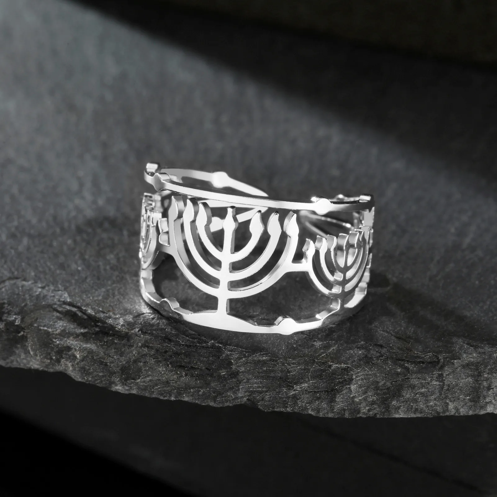 Skyrim Jewish Menorah Candle Holder Ring Stainless Steel Faith Lamp Adjustable Finger Rings Women Men Religious Judaica Jewelry