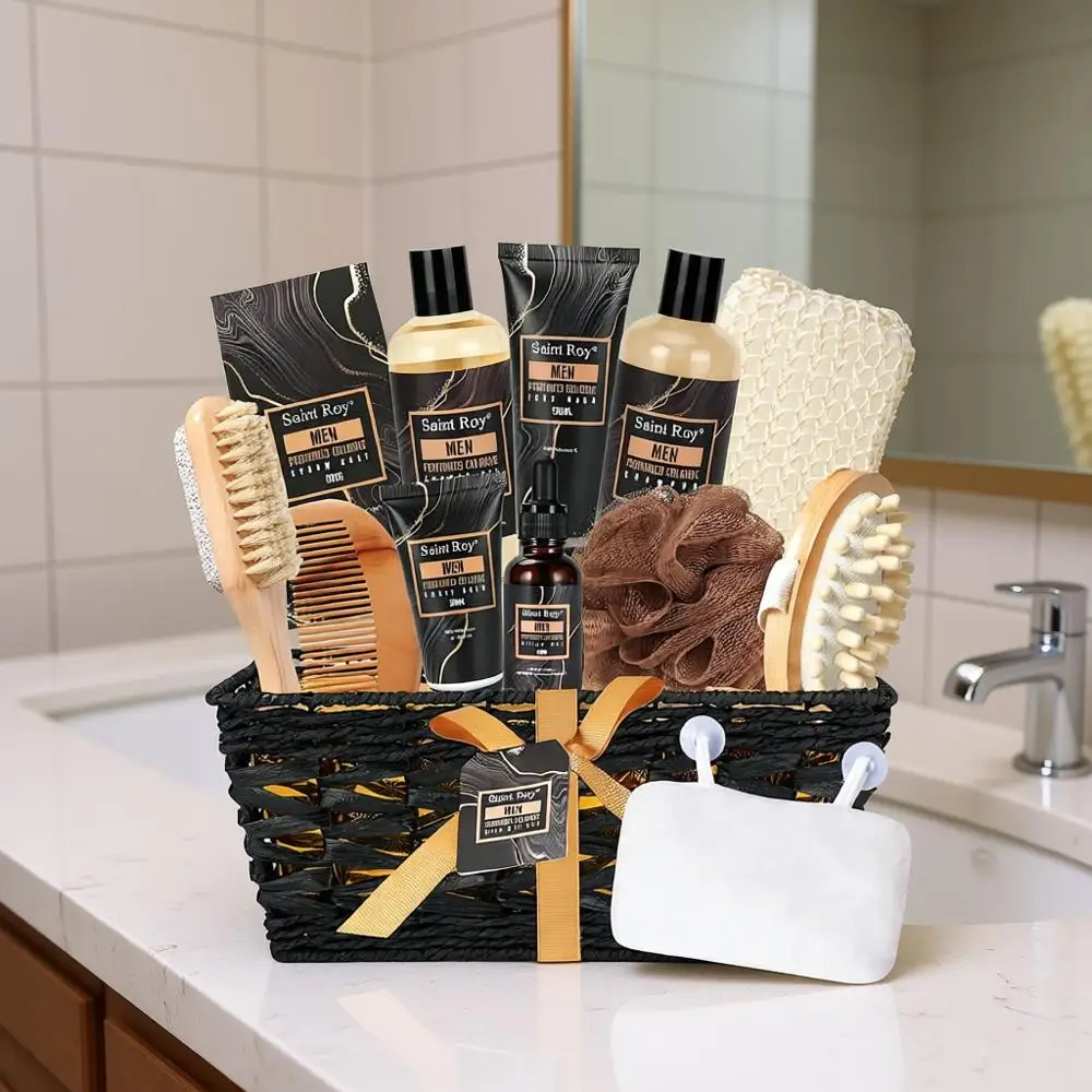 

Набор для спа-процедур из 14 предметов: роскошный мужской набор для ухода с комплектом для бритья, маслом для бороды и подушкой для ванны – идеальный подарок на День отца или Рождество