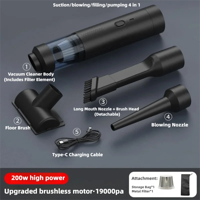 مكنسة كهربائية للسيارة لاسلكية 200 وات 19000Pa منفاخ محمول لتنظيف شعر الحيوانات الأليفة والمنزل والتنظيف التلقائي
