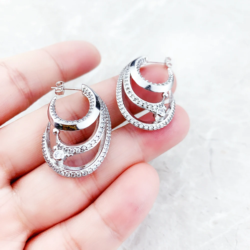 Hoop Earrings Wave With White Stones Trendy Fine Jewerly For Women Gift In 925 Sterling Silver