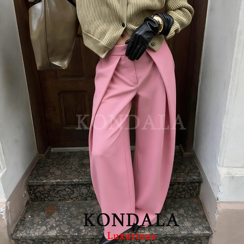 KONDALA Casual chique wijde pijpen broek dames kantoor dame zakken geplooide lange broek mode 2026 lente zomer streetwear broek