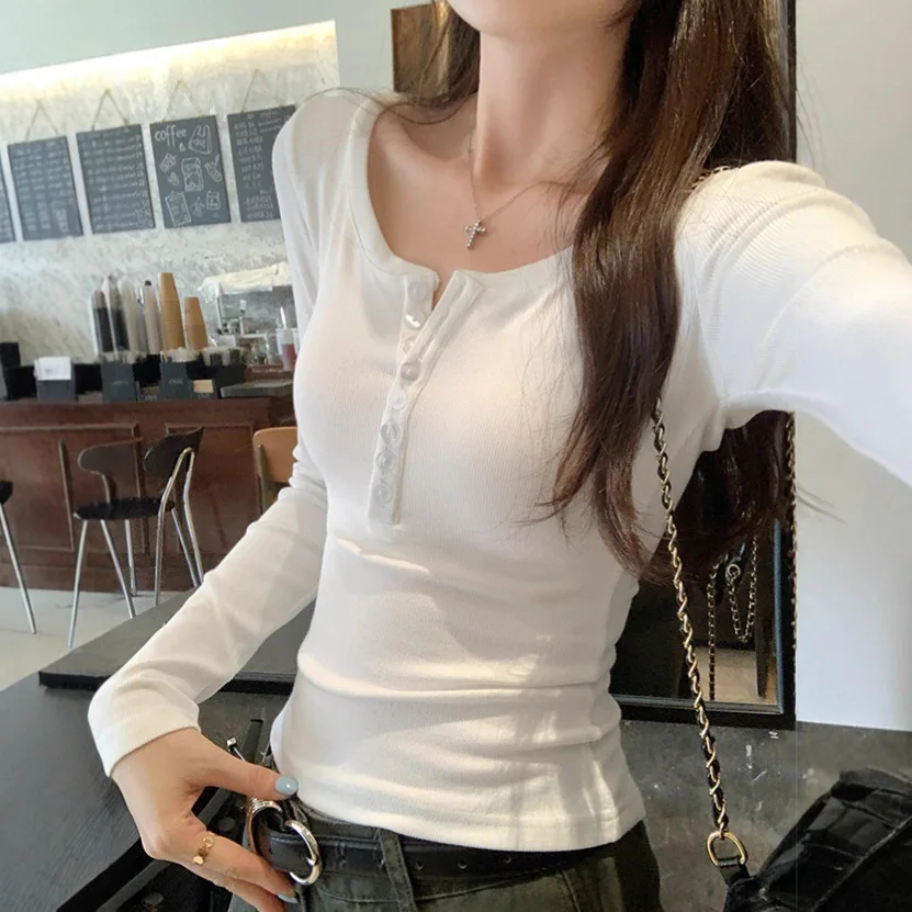 

Early Autumn Base Shirt For Women, Inner 2026 New Style, Outer Wear, Ribbed Slim Fit, Slimming White Long Sleeve T-Shirt, Hot