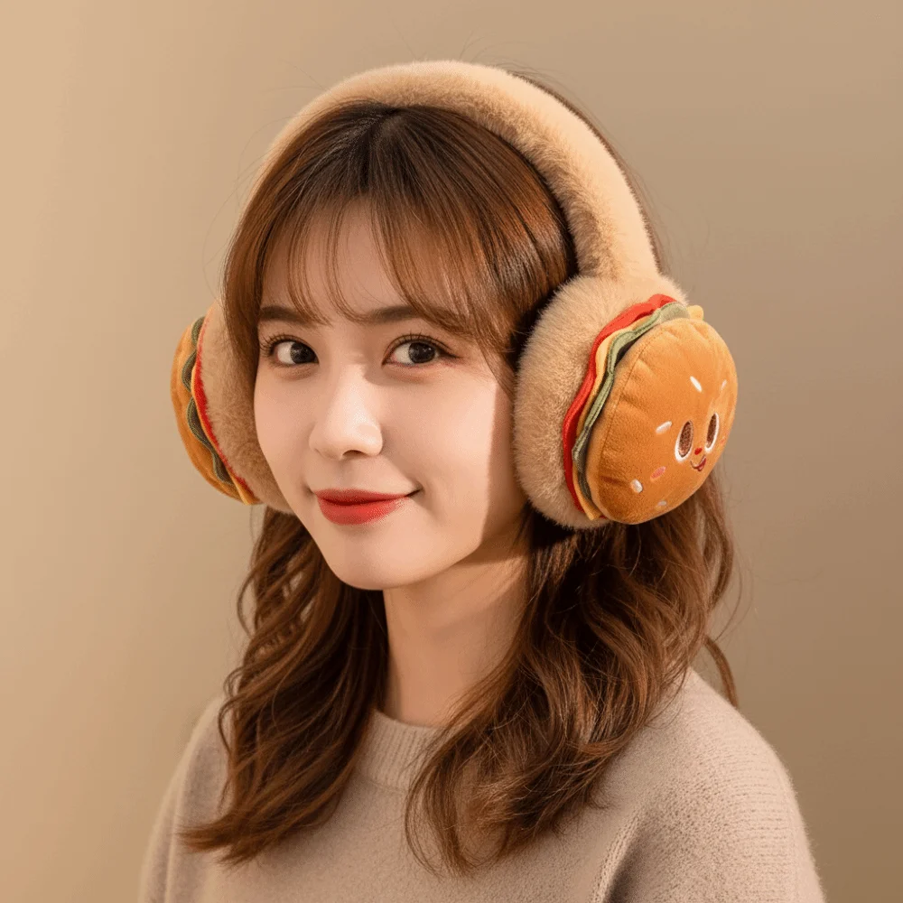Cute Soft Hamburger Ear Warmer Thickened Funny Ear Cover Foldable Windproof Cold Protection Earmuffs Outdoor