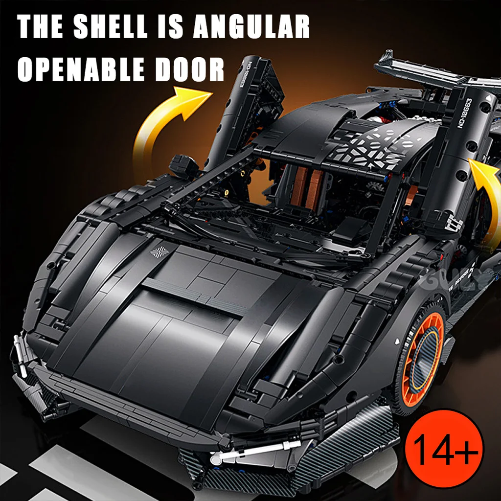 1:8 High-Mounted Black Wing Midnight Black Retro Supercar 3883 Pieces Interlocked Brick Frame Deep Chin Spoiler Hex-Pattern Vent Mesh Tribute Brick Kit Room Decor Gift for Car Fans and Collectors