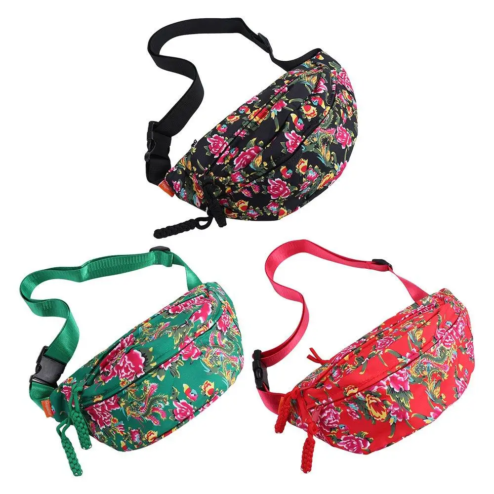 

Portable Nylon Canvas Crossbody Bag Zipper Chinese Style Canvas Chest Bag Banana Bag Handbag Flower Waist Bag Sports