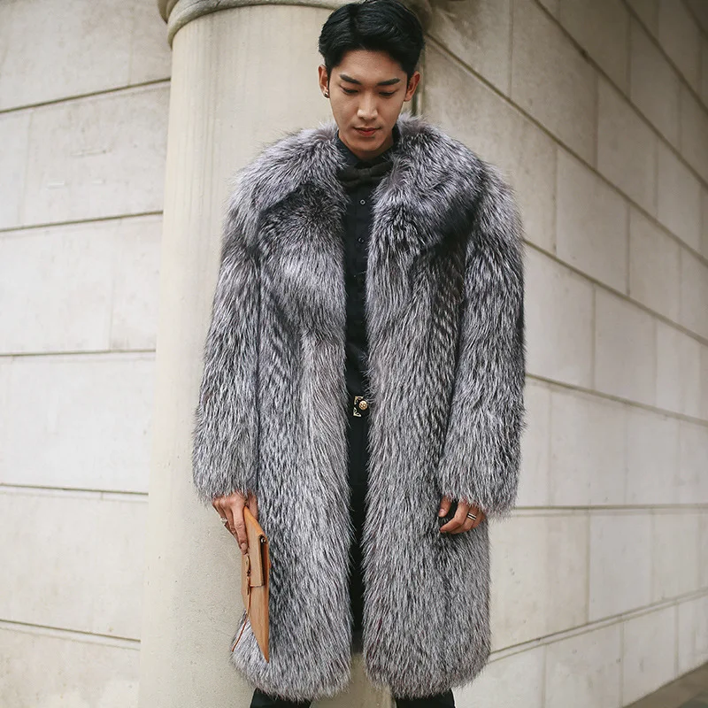 PFNW Soft Smoothness Men's Faux Fur Coat Fashion New Grey Thick Long Coat Lapel Tide Loose Fit Winter Coat With Pockets 12C1173