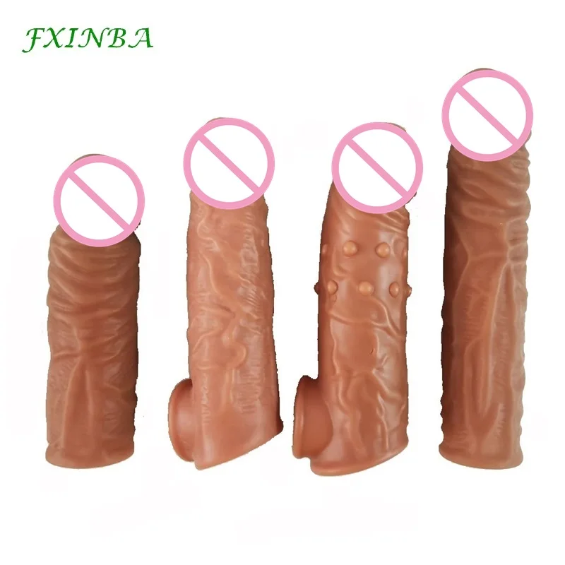 FXINBA 14-18cm Realistic Penis Sleeve Extender Long Reusable Condom Delay Silicone Penis​ Extender Sex Toy for Men Cock Enlarger