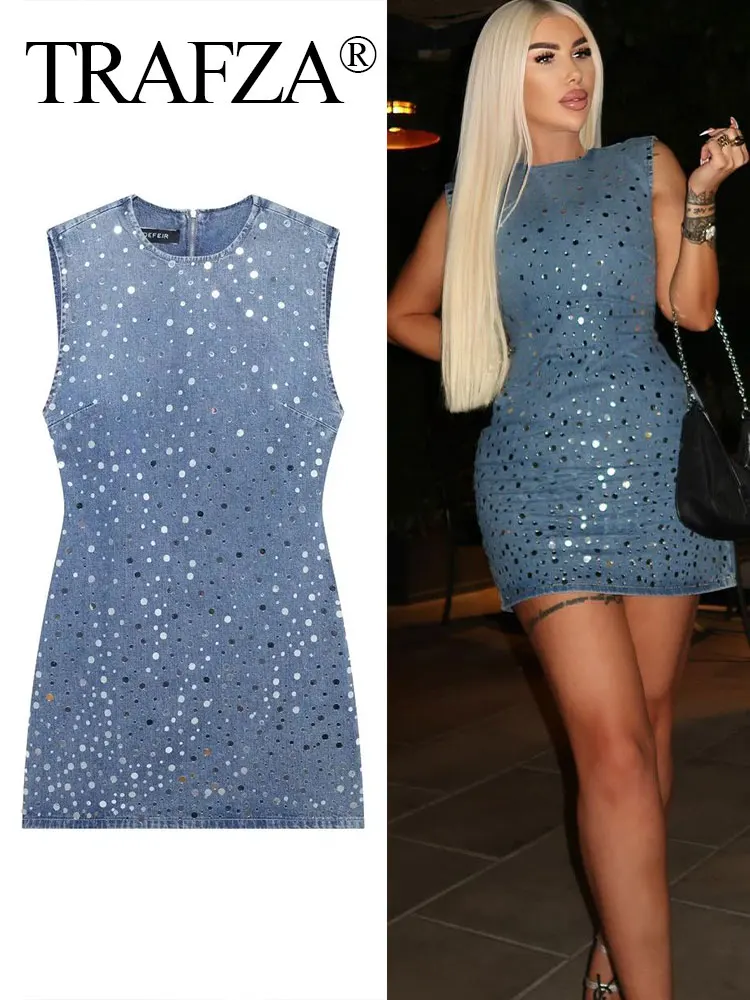 

TRAFZA 2024 Women Fashion Blue Dress Sequined Crew Neck Sleeveless Slim Mini Denim Dresses Female Sexy Chic Elegant Woman Dress