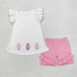 Western clothes Pink Polka embroidery toe shoe short sleeved dress for girls kids spring and fall baby outfits