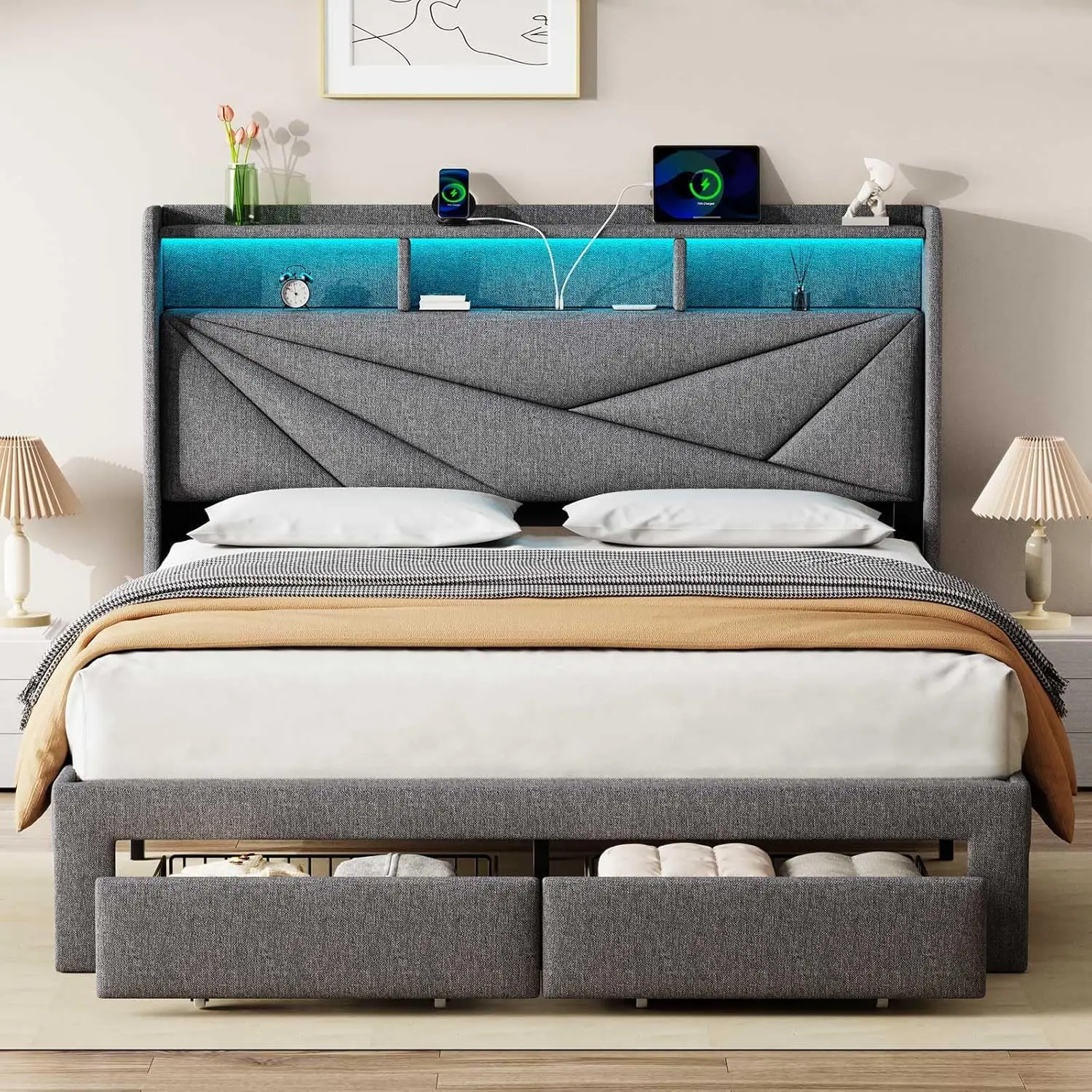 LED Queen Bed Frame with 2 Storage Drawers Upholstered Bed Frame Queen Size with Headboard and Charging Station