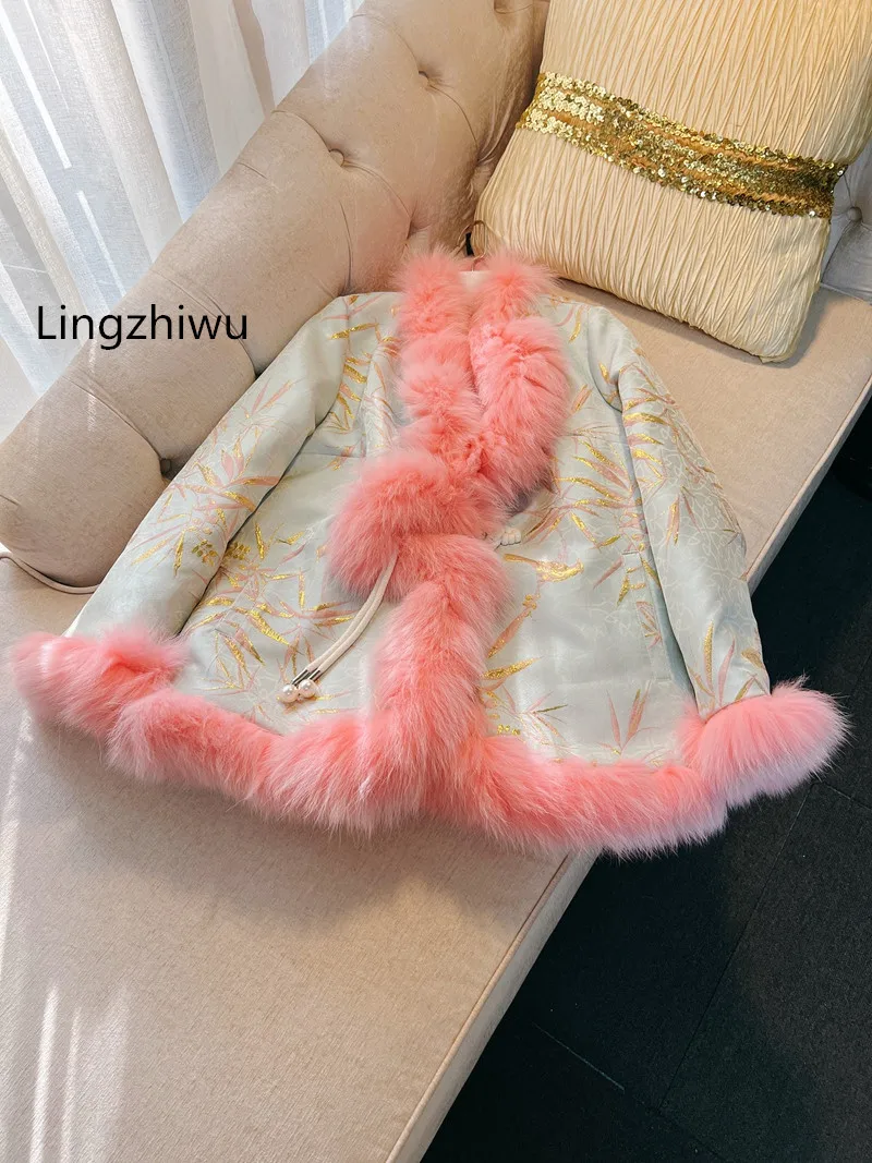 Lingzhiwu Chinese Style Winter Royal Fox Fur Collar Luxury Top Quality Top Down Coat Fur Outerwear Female New Arrival