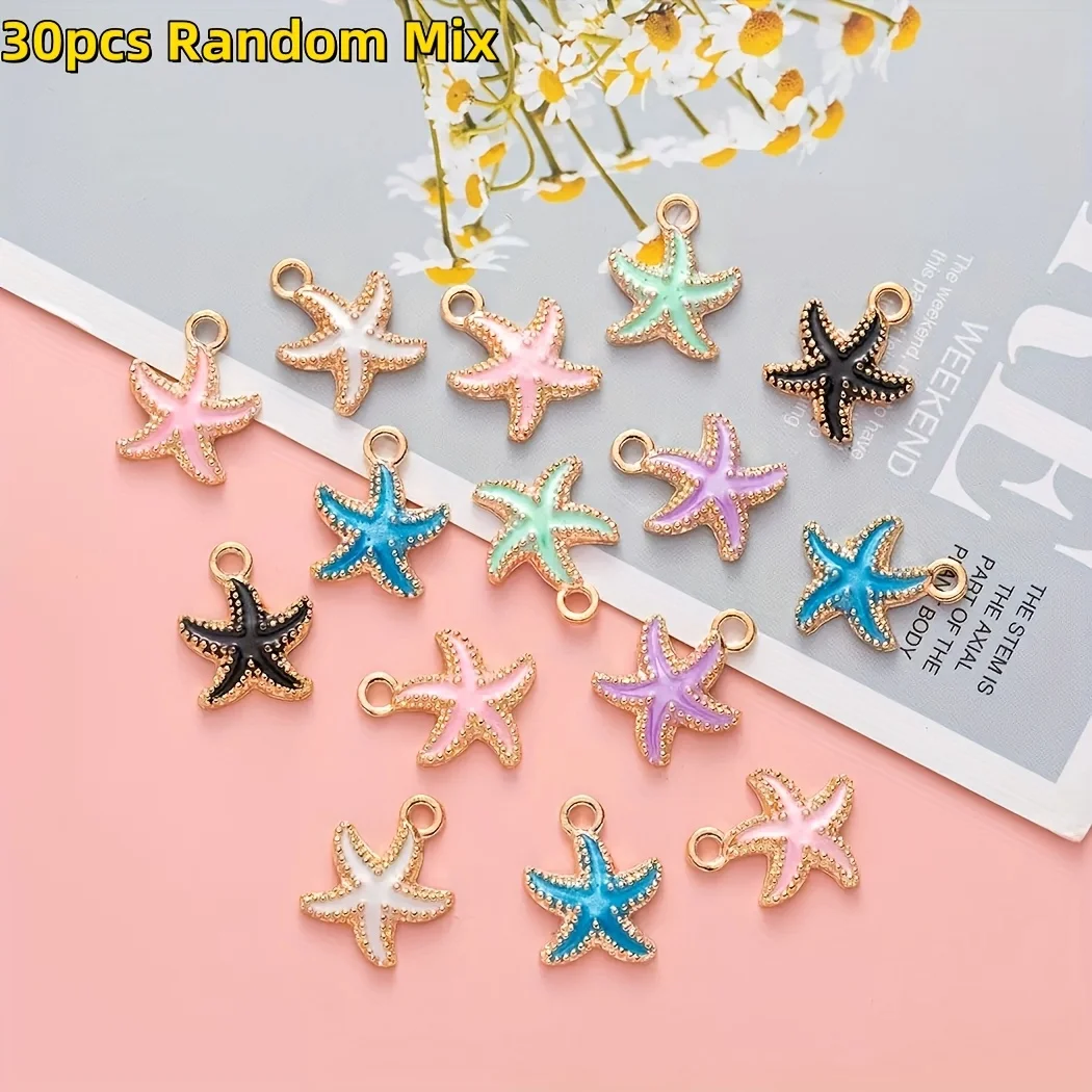 30 Pieces of Randomly Assorted Packs, All of Which Are High-Quality Marine Series Alloy Enamel Multi-Colored Starfish Pendants You Can Make DIY Earrings, Necklaces, Bracelets, and Other Accessories.
