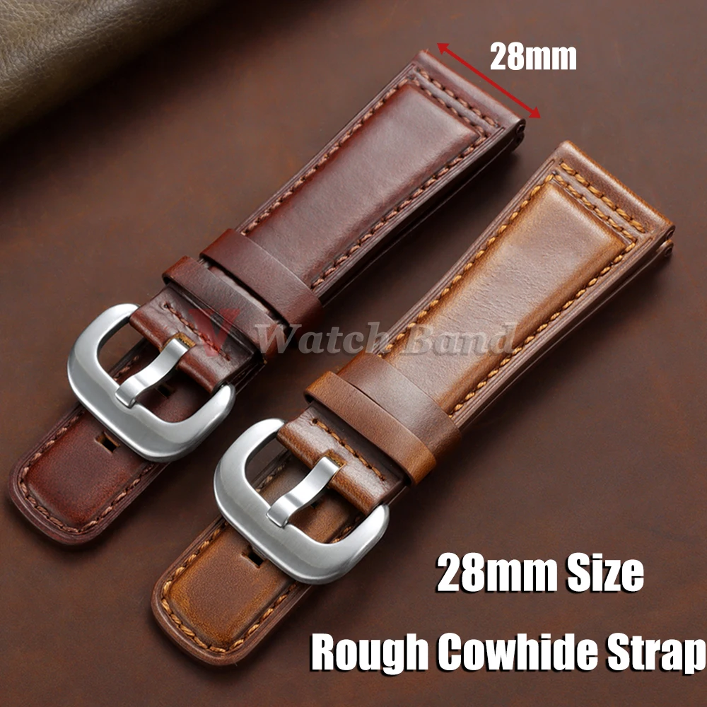 Großes 28mm Rohes Doppelseitiges Rindslederarmband mit Metallschnalle – Universelle Retro-Ölwachs-Uhrenarmbänder