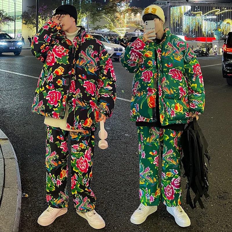 

Northeast Large Flower Cotton Jaet Men's Winter Loose Fit Two-Piece Set Faionable And Sli Student Value Carison