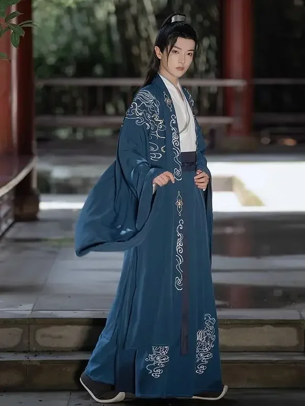 Gaun Hanfu pria ukuran Plus kostum Cosplay pria bordir Tiongkok kuno Set 3 potong Hanfu biru abu-abu untuk pria ukuran besar 2XL