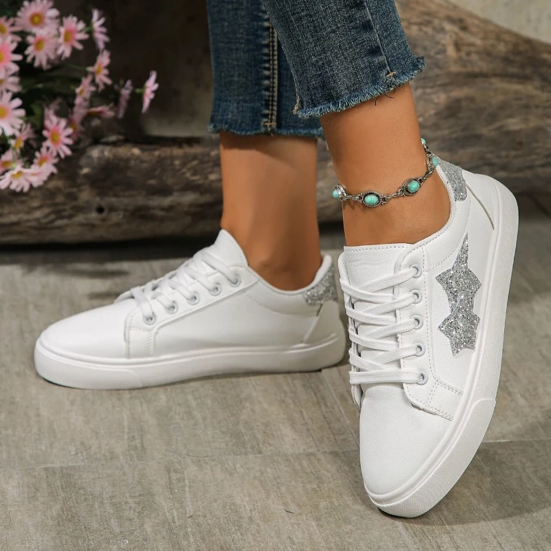 Spring Autumn Casual Flat White Shoes Star Pattern Lace-up Vulcanized Shoes Comfortable Breathable Fashion Sequins Student Shoes