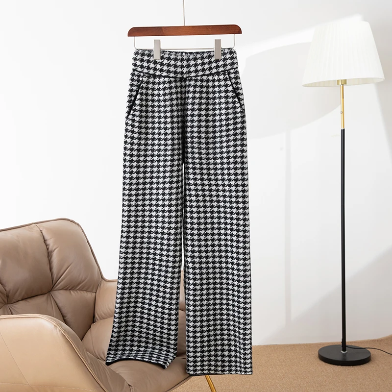 Women's Thickened Plaid Long Pants Autumn Winter Warm Anti-Cold Straight Leg Trousers 100% Merino Wool Knitted Wide Leg Pants