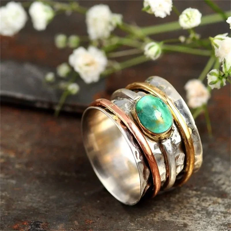 Retro Creative Sliver Turquoise Tricolor Geometric Rings For Women Jewelry 2023 New Custom Jewelry