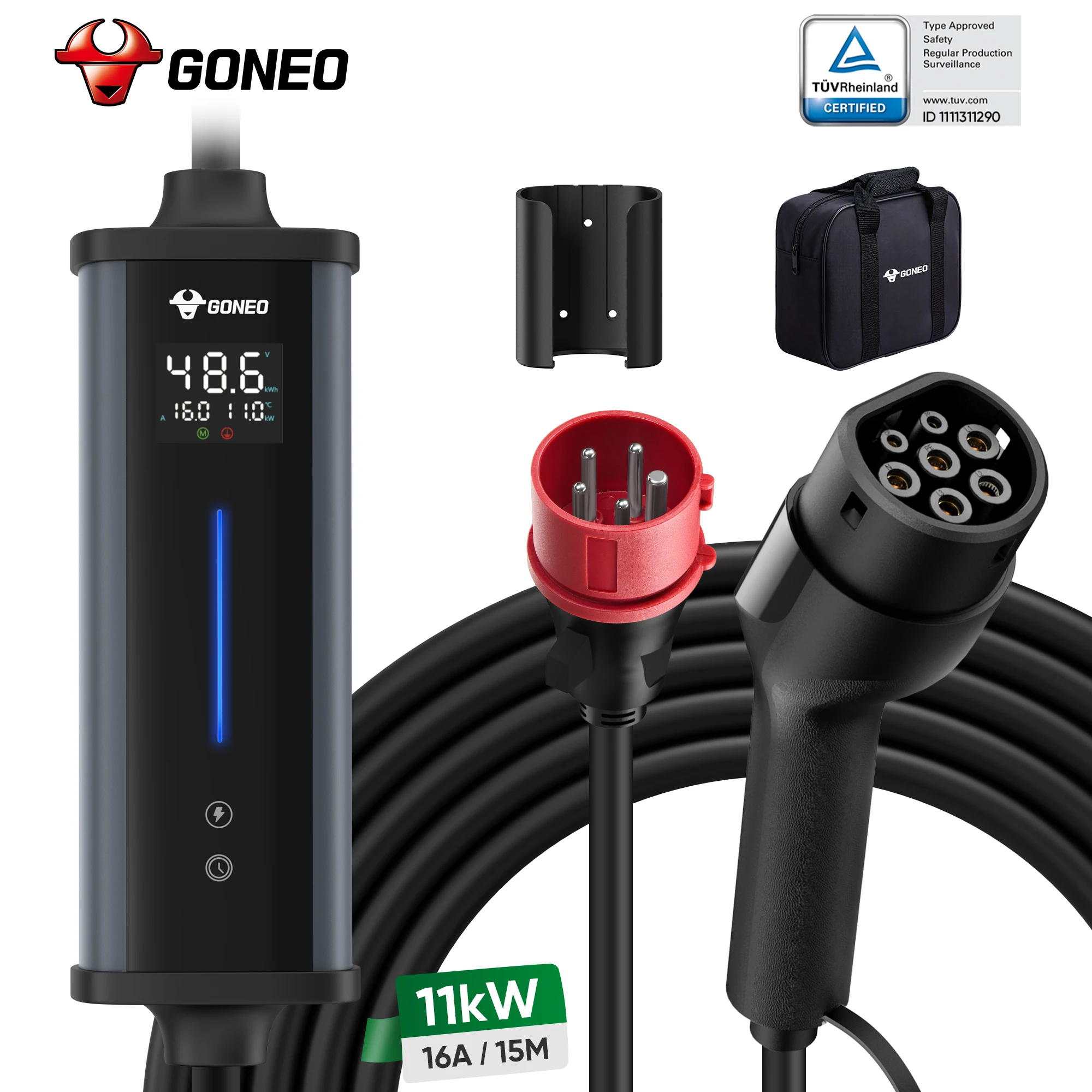 GONEO 11kW CEE Borne de recharge mobile portable Type 2, Prise industrielle, Protection RCD, Chargeur EV triphasé 16A, Courant réglable, Recharge à temporisation intelligente, IP66