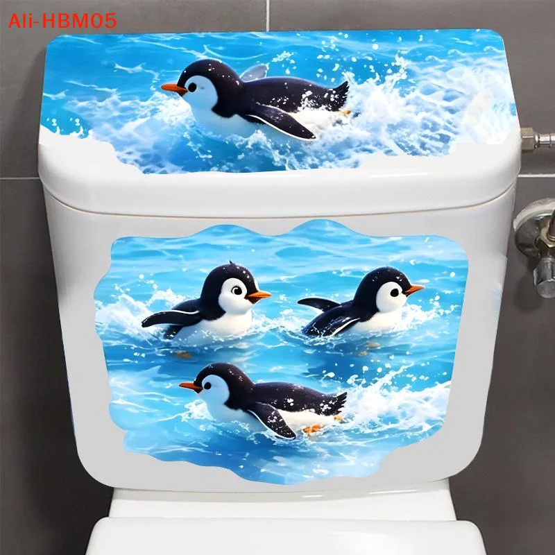 (HB05)Cute Swimming Penguin Toilet Sticker Waterproof Self Adhesive Removable Decal Bathroom Decor